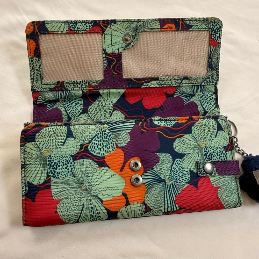 Kipling Floral Nylon Trifold Wallet Red Green Purple with Monkey Keychain - Picture 11 of 11